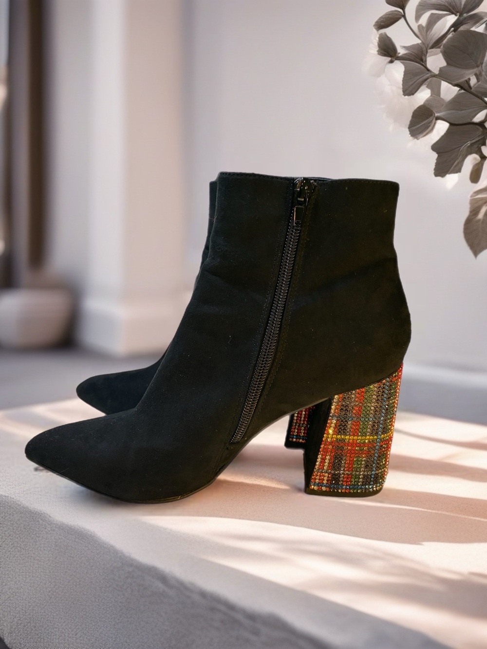Betsey Johnson Kassie Black Suede Ankle Boots with Multicolor Rhinestone Heels - Picture 1 of 8